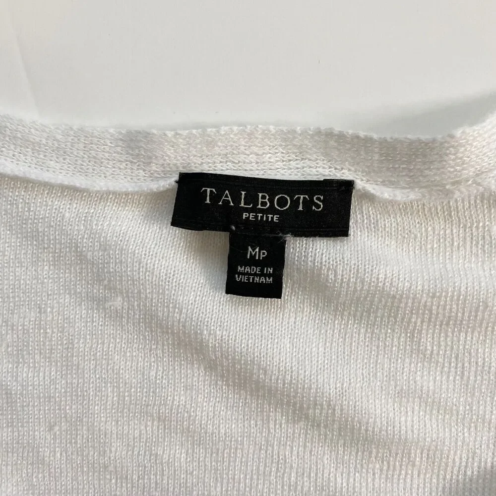 Talbots Petite Womens Linen Sweater‎ Sz Mp Tasseled Hem 3/4 Sleeve White Striped